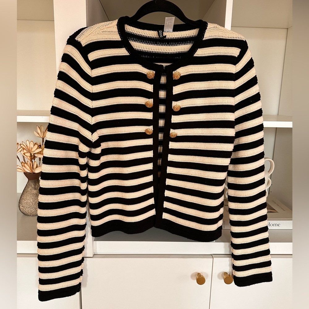 H&M Black and Cream Striped Cardigan with gold buttons